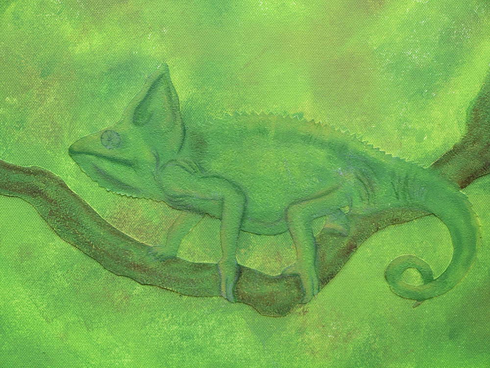 Chamäleon: Acrylbild aus Strukturtapete und Acrylfarbe, vorab wurden die Tiere gezeichnet Foto: Klecks/hfr